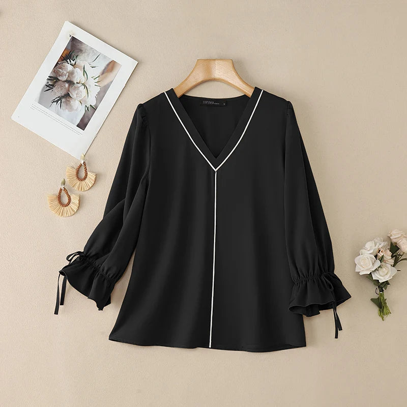 ZANZEA Elegant Contrast-Piping Women's Blouses 2026 Spring 3/4 Lantern Sleeve Tied Cuffs Solid Color Tops Woman Clothes New In