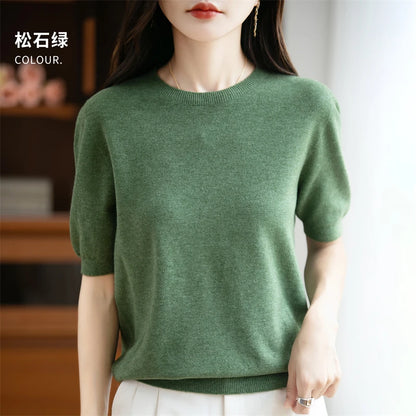 Autumn Women 100% Merino Wool Sweater O-Neck Cashmere Pullover Basic Fashion Short Sleeve Clothing Comfort Top Casual Solid