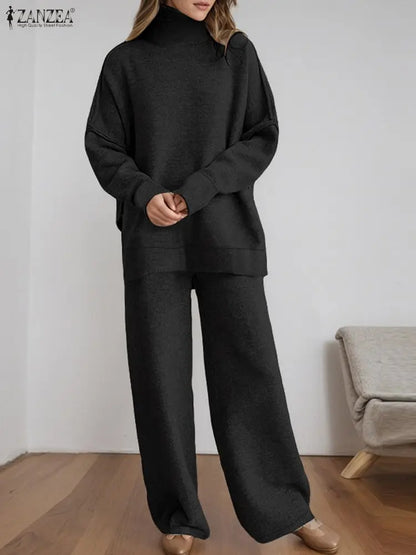 ZANZEA Women's Knitted 2 Pieces Pant Sets Casual Loose Turtleneck Long Sleeve Pullovers and Wide Leg Pant Suits Daily Outfits