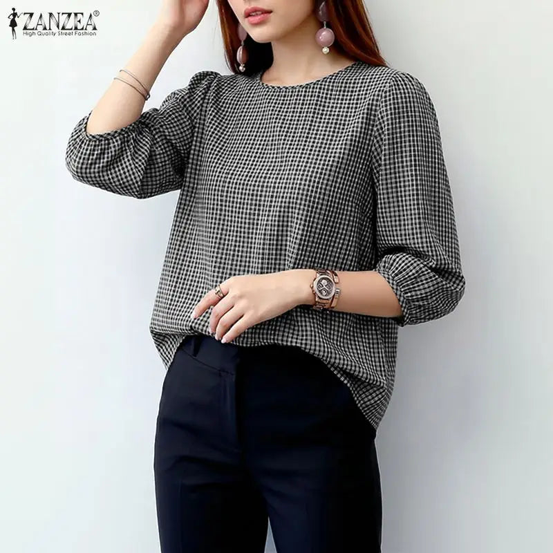 ZANZEA Women Classic Plaid Blouses Casual Round Neck 3/4 Puff Sleeves Loose Gingham Tops 2026 Autumn Everyday Wear Blusas Mujer
