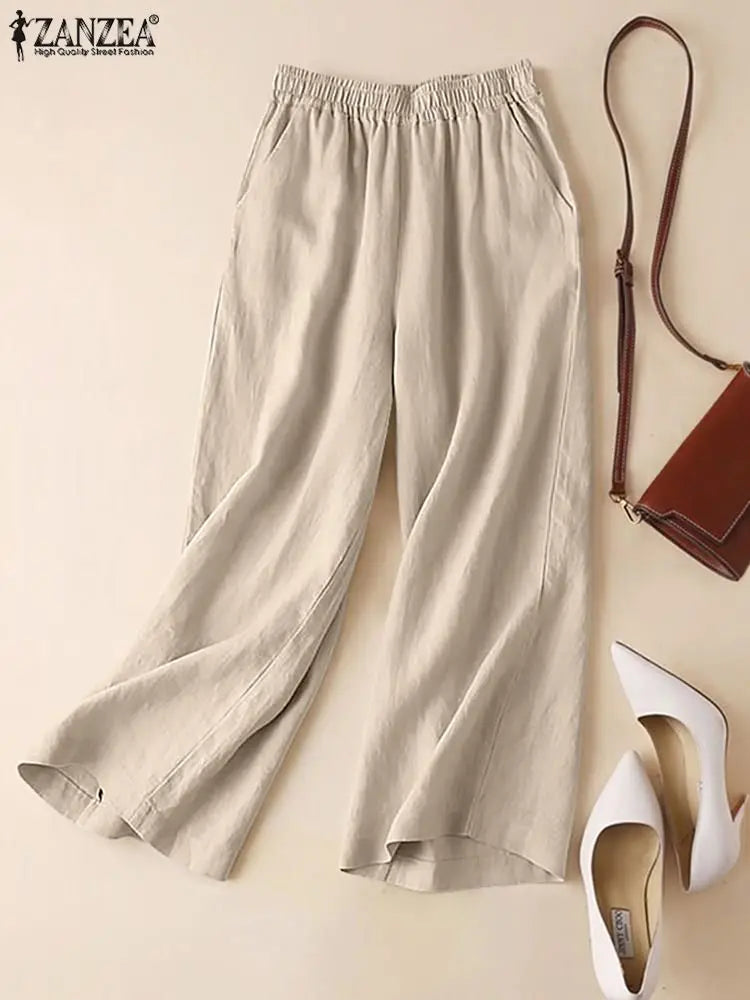 ZANZEA Women Summer Wide Leg Pants Spring Cotton Pantalon Loose Elastic Waist Palazzo 2023 Fashion Solid Casual Long Trousers