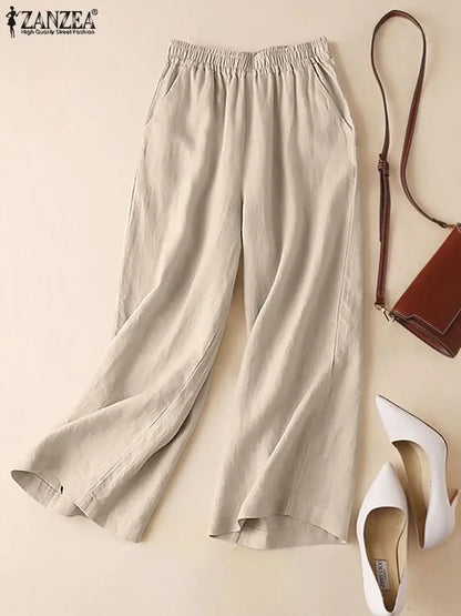 ZANZEA Women Summer Wide Leg Pants Spring Cotton Pantalon Loose Elastic Waist Palazzo 2023 Fashion Solid Casual Long Trousers