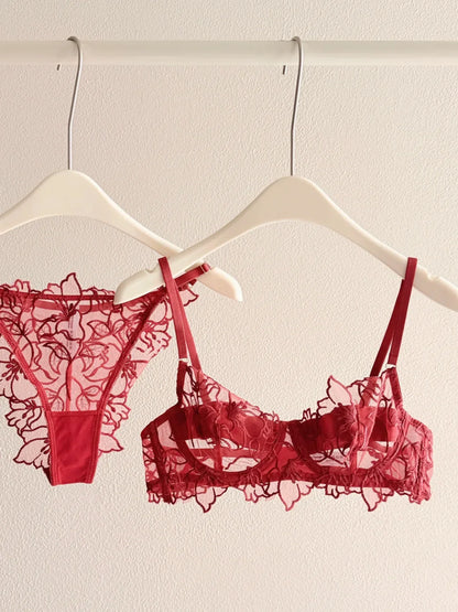 Romantic Lace Lingerie Set Sheer Mesh Ultra-Thin Soft Underwire Minimizer for Full Bust & Push-Up for Small Bust