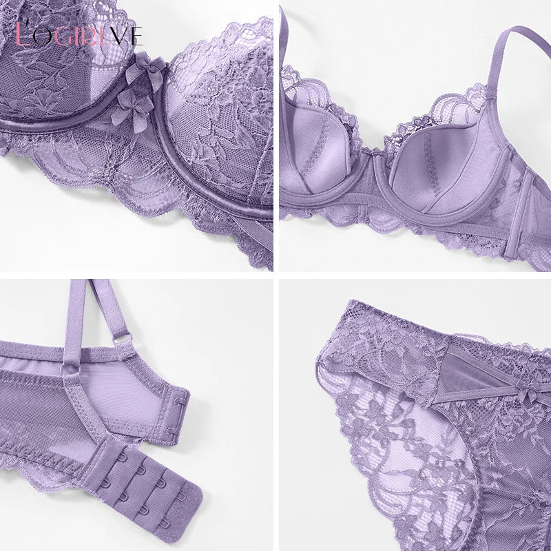 Sexy Hollow Bra French Ultra Thin Lace Embroidery Women Lingerie Set Underwire Push Up Bras Breathable Underwear and Panties Set