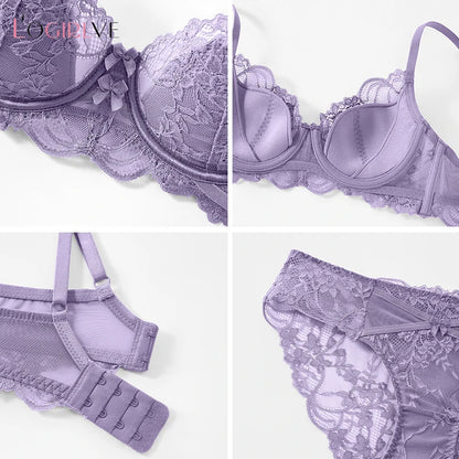 Sexy Hollow Bra French Ultra Thin Lace Embroidery Women Lingerie Set Underwire Push Up Bras Breathable Underwear and Panties Set