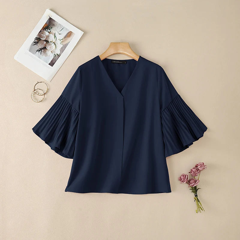 ZANZEA Women's Elegant Blouses Pleated Bell Sleeve V-Neck Loose Pullover Tops Summer Daily Casual Solid Color Blusas de Mujer