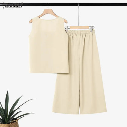 ZANZEA Women's Casual Pant Suits Wide Leg Cropped Pant & Sleeveless Tops 2 Pieces Sets SummerDaily Commute Solid Color Outfits