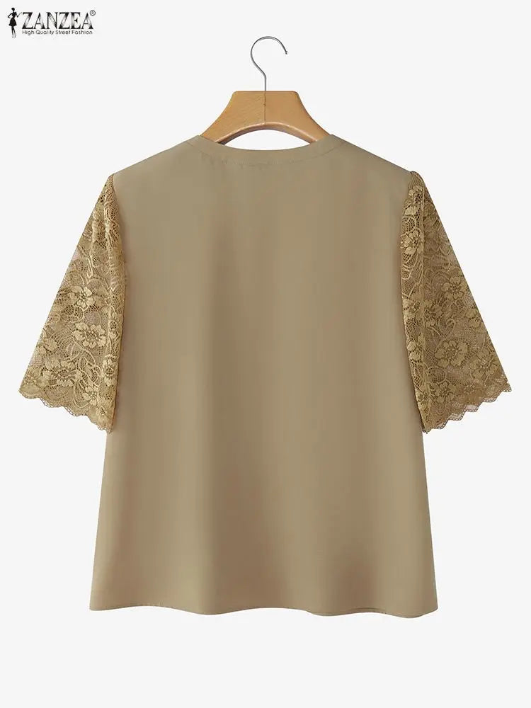 ZANZEA Elegant Women's Lace Patchwork Half Sleeve Blouses Casual Lace-Up O-Neck Solid Color Tops Korean Fashion Woman Clothes