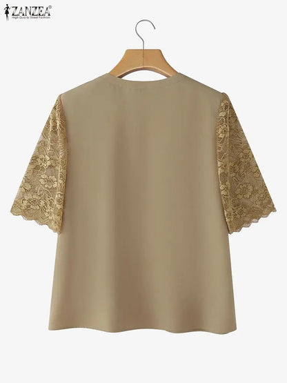 ZANZEA Elegant Women's Lace Patchwork Half Sleeve Blouses Casual Lace-Up O-Neck Solid Color Tops Korean Fashion Woman Clothes