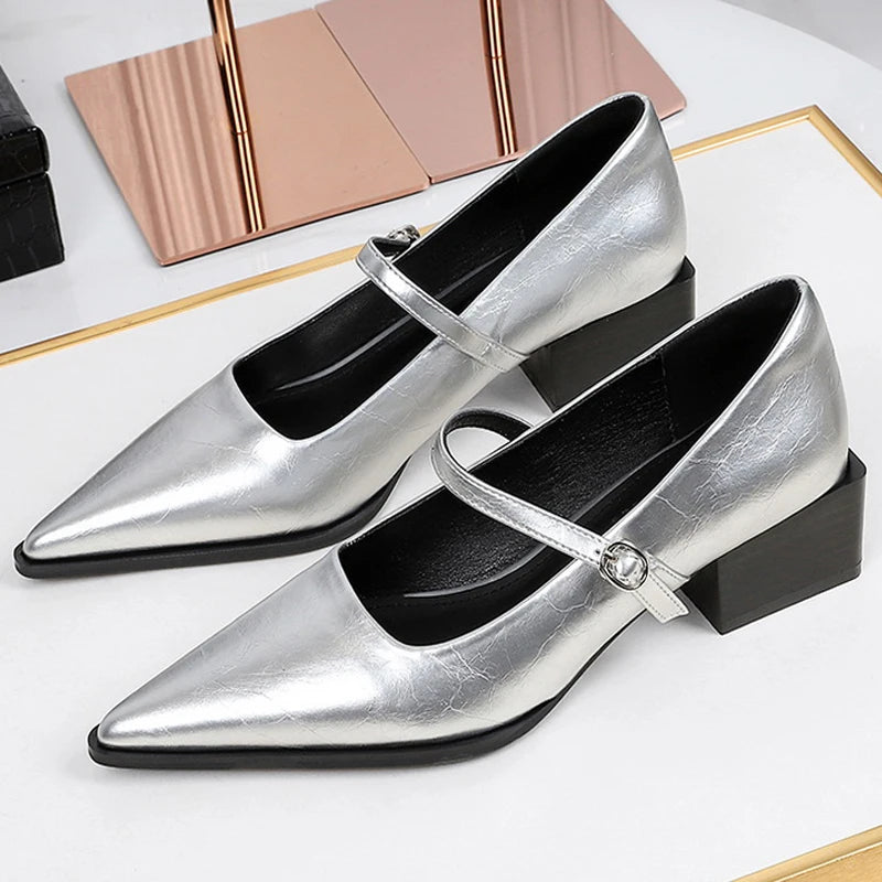 Quality PU Leather Shoes Women Pumps Pointed Tip Mid Heel Women Shoes Chunky Heel Ladies Shoes Buckle Career OL Office Shoes