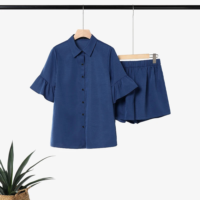ZANZEA Fashion Women Lapel Neck Half Sleeve Shirt Shorts Sets Summer 2 Pieces Sets Casual Holiday Tracksuit Solid Work Outfits