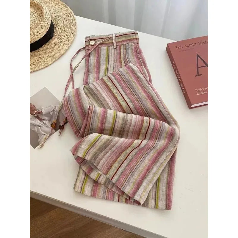 Women's Pink Striped Linen Wide Leg Pants High Waist Loose Fit Casual Summer Trousers with Drawstring
