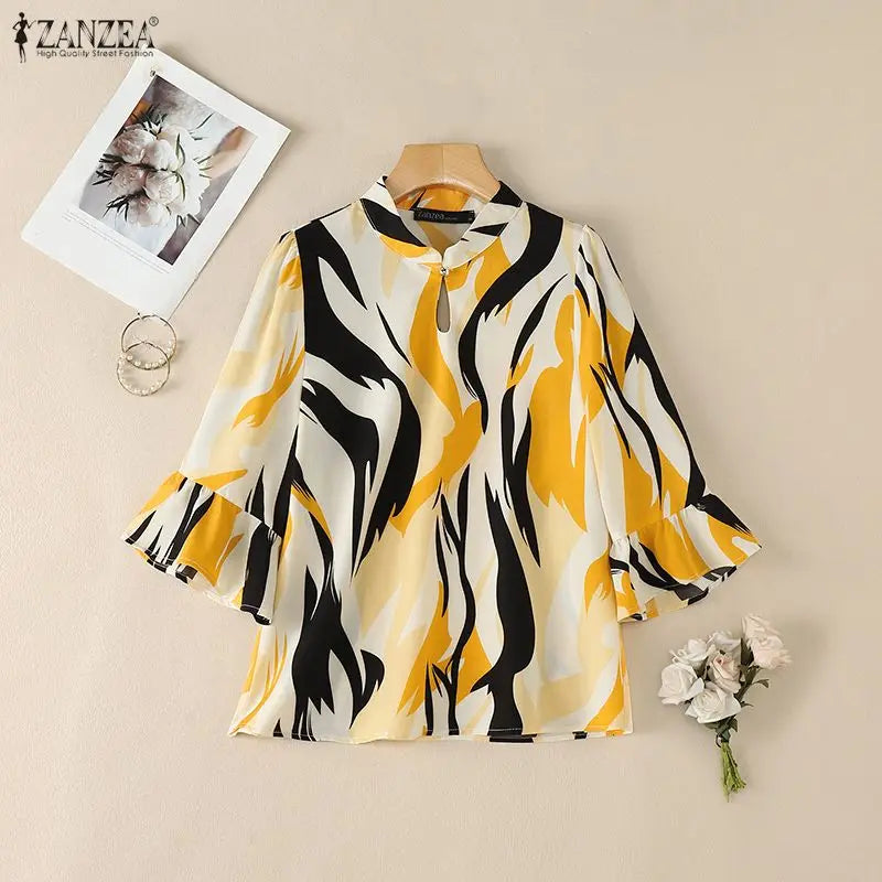 ZANZEA Elegant All-Over Print Blouses Woman Retro Mandarin Collar 3/4 Flare Sleeves Loose Tops Summer Bohemian Blusas de Mujer