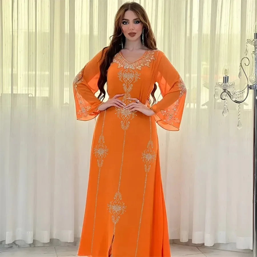 Customized Eid Jalabiya Muslim Abaya Party Dress for Women Arab Diamond Lace-up Abayas Long Dresses Robe Woman Elegant Ramadan V