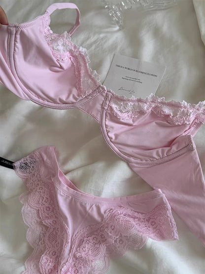 Lace Bra Set Women Thin Transparent Mesh With Steel Ring Bras+Low Waist Panties Female Pink Sweet Bra Sets Underwear 2026 New