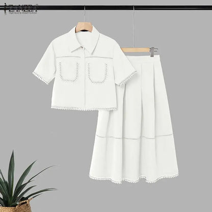 ZANZEA Women's Summer Lace Patchwork 2-Piece Sets Collared Short Sleeve Cropped Blouse & A-Line Midi Skirt Suits Commute Outfit