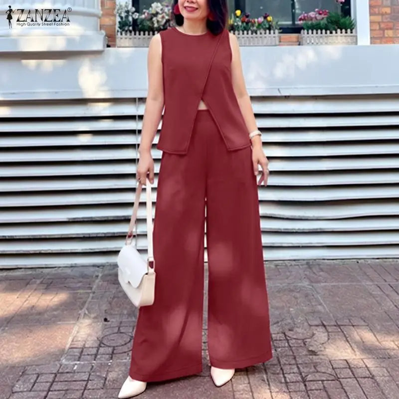 ZANZEA Summer Women Pant Sets Solid Color  Sleeveless Tops Wide Leg Pants Fashion 2PCS Two-piece Outfits OL Party Streetwear