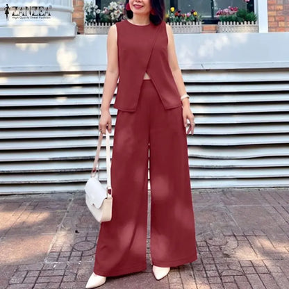 ZANZEA Summer Women Pant Sets Solid Color  Sleeveless Tops Wide Leg Pants Fashion 2PCS Two-piece Outfits OL Party Streetwear