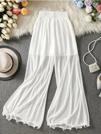 Summer solid color chiffon wide leg pants for women, high waisted, elastic waistband, flowing and slimming, casual pants