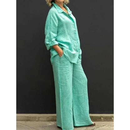 Spring and Summer Suit Women's Lapel Long-sleeved Loose Shirt High Waist Wide-leg Pants Casual Two-piece Set