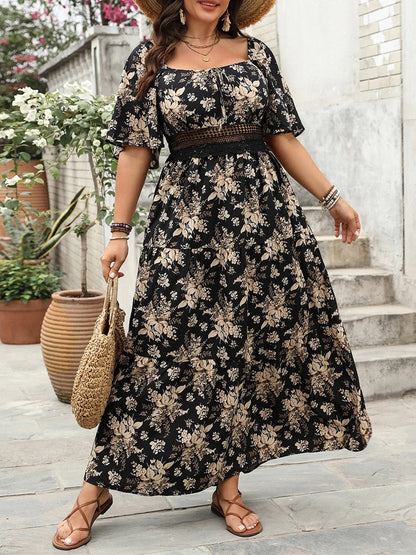 GIBSIE Plus Size Square Neck Floral Print Maxi Dress Women Summer 2026 Knot Front Hollow Out Boho Vacation Big Swing Dresses
