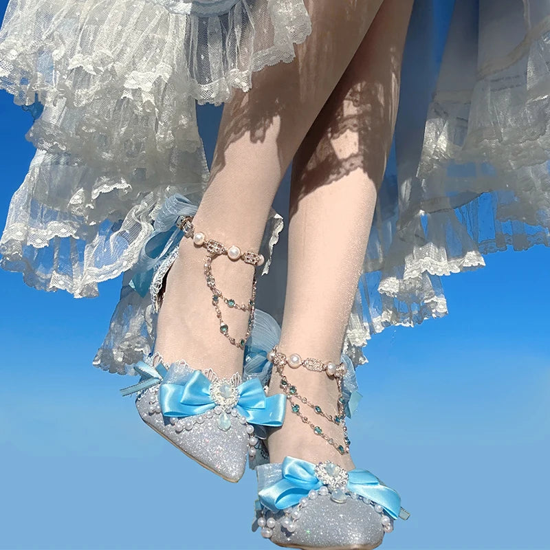 Sweet Girl Tea Party High Heels Blue Lolita Original High Heels Japanese Cute Loli Princess Single Shoes