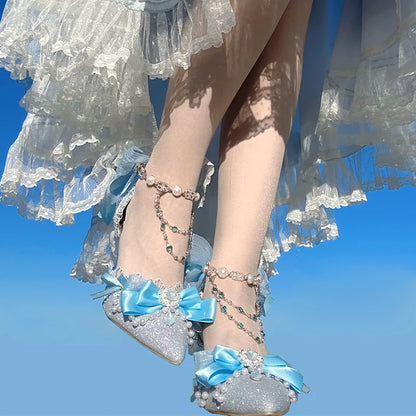 Sweet Girl Tea Party High Heels Blue Lolita Original High Heels Japanese Cute Loli Princess Single Shoes