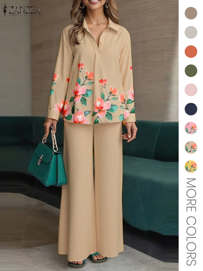 ZANZEA 2025 Autumn Outfits Women Stylish Printed Matching Sets Casual Long Sleeve Tops Wide Leg Pant Sets Fashion Work Tracksuit