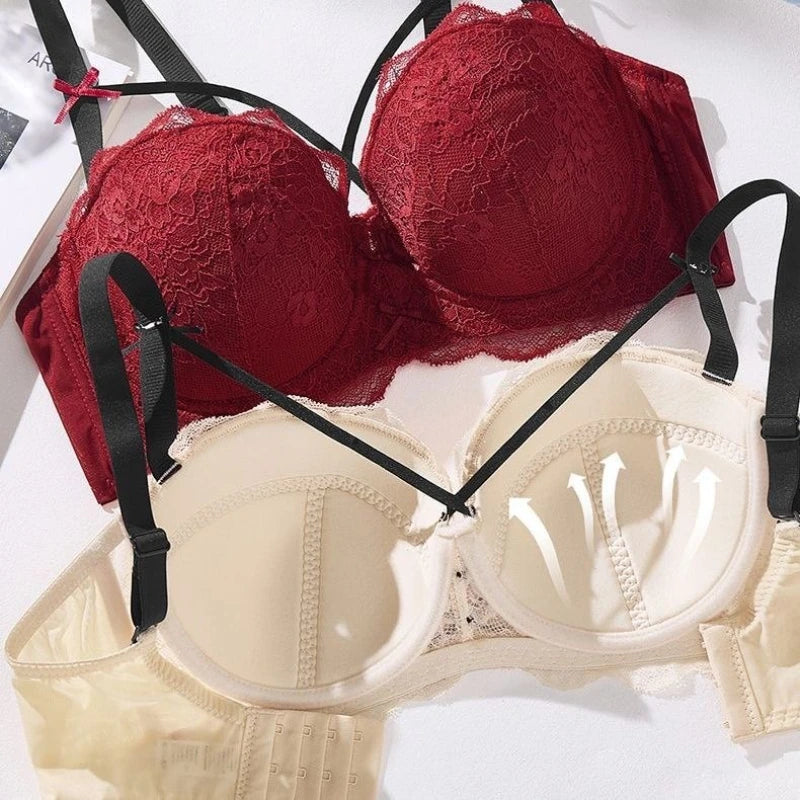 Half Cup Hot Bra for women Gathered Bowknot Brassiere Large Size Push Up Lace Tube Top Lace Big Chest Revealing Small Lace Bra