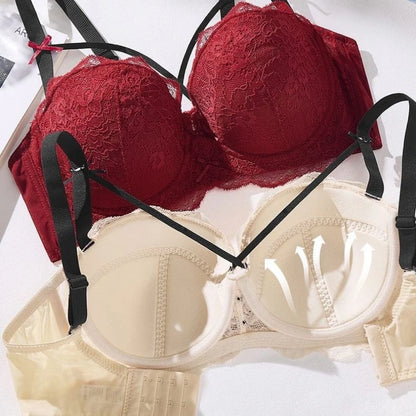 Half Cup Hot Bra for women Gathered Bowknot Brassiere Large Size Push Up Lace Tube Top Lace Big Chest Revealing Small Lace Bra