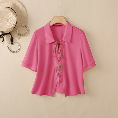 ZANZEA Women's Korean Elegant Waffle Shirt Turn-Down Collar Lace-Up Front Short Sleeve Tops Summer Casual Loose Chemises Femme