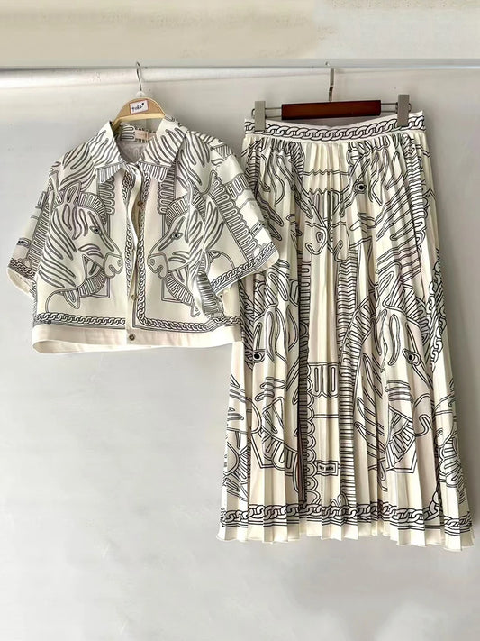 Retro geometric print lapel short shirt two-piece set 2026 summer women's clothing + loose large size pleated skirt fashion suit