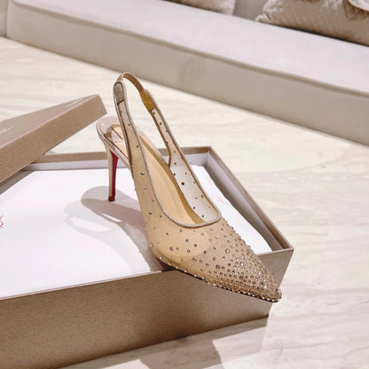 Summer New Mesh Back Empty Sandals for Women, Slim Heels with Pointed Toes and Full Diamonds, Sweet and Breathable High Heels