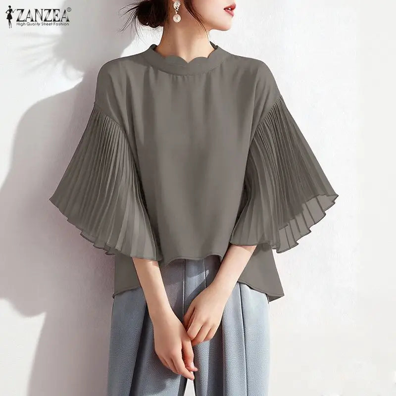 ZANZEA Elegant Women's High-Low Blouses Scalloped Mock Neck Pleated Flare Sleeves Solid Color Tops 2026 Summer Woman Clothes 3XL