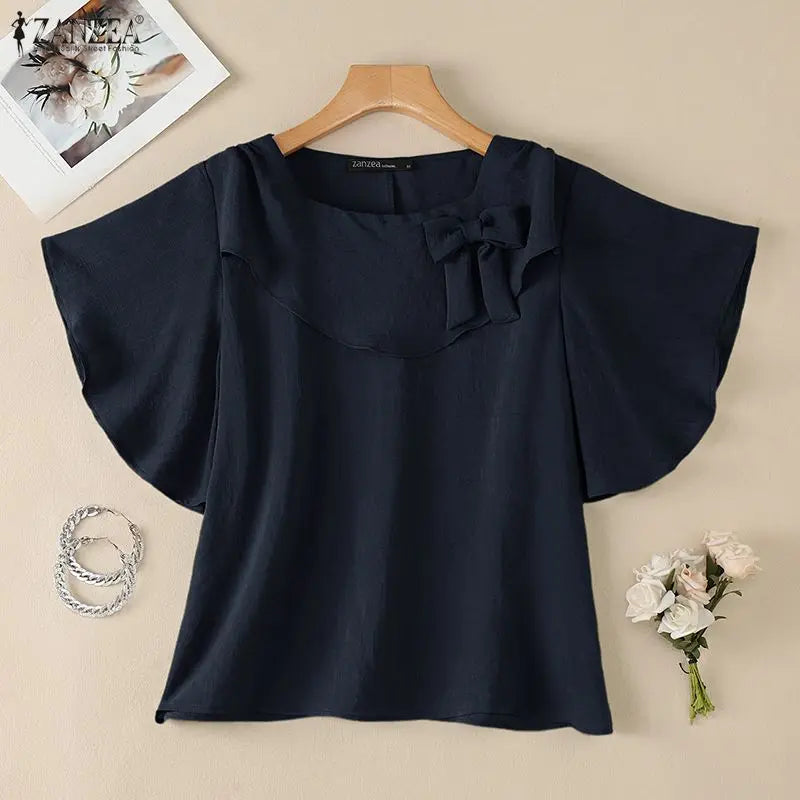 ZANZEA Women Elegant Bow Detail Blouses Summer Square Neck Ruffle Sleeves Solid Color Pullover Tops Casal Loose Blusas de Mujer