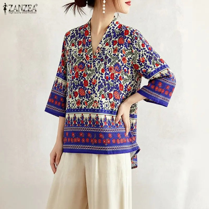 ZANZEA Woman Bohemian Floral Print Blouses V-Neck 3/4 Sleeve High Low Kimono Tops 2026 Summer Casual Loose Vacation Blusas Mujer