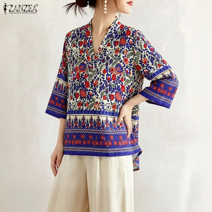 ZANZEA Woman Bohemian Floral Print Blouses V-Neck 3/4 Sleeve High Low Kimono Tops 2026 Summer Casual Loose Vacation Blusas Mujer