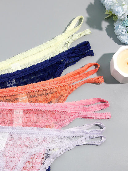 5-Pack Sexy Lace Double-Layer Thin Strap Full Lace Women's Thong Underwear Comfortable Breathable Cotton Lined Briefs