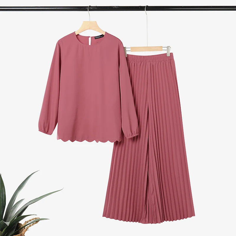 Ramadan Outfits Muslim 2 Pieces Sets Hijab Tracksuit ZANZEA Summer Women O Neck Long Sleeve Tops Pleated Pant Sets Eid Mubarek