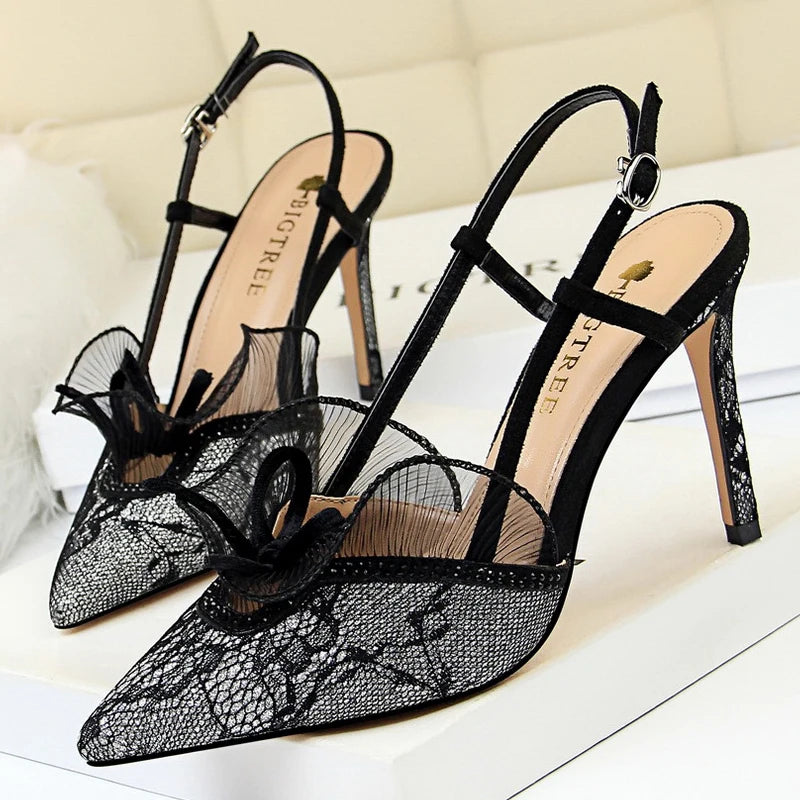 BIGTREE Shoes Fashion Women Sandals Mesh Lace Sexy High Heels 9 Cm Women Pumps Stilettos Summer Heeled Sandals Plus Size 42 43