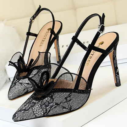 BIGTREE Shoes Fashion Women Sandals Mesh Lace Sexy High Heels 9 Cm Women Pumps Stilettos Summer Heeled Sandals Plus Size 42 43
