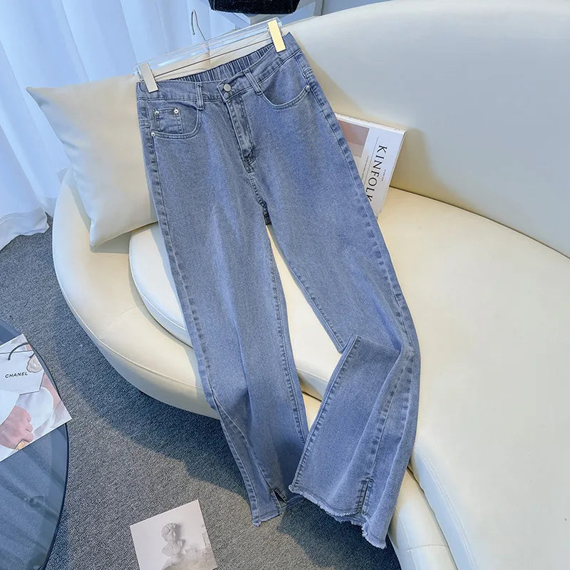 155Kg Plus Size Women's Pants Hip 150-160 High Waist Casual Loose Flare Jeans Black Blue 4XL 5XL 6XL 7XL 8XL 9XL