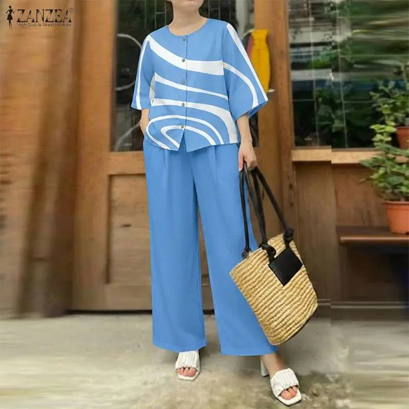 ZANZEA Summer Casual Daily Printing Pant Suits Woman Wide-Leg Pants & 3/4 Sleeve O-Neck Shirts 2 Piece Sets Women's Outfits 3XL