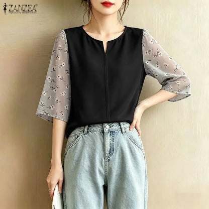 ZANZEA Women's Elegant Floral Chiffon Patchwork Blouses V-Neck 3/4 Sleeve Loose Tops 2026 Summer Daily Casual Blusas de Mujer