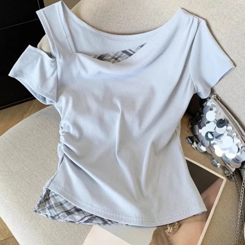Girls Off Shoulder Fake Two Piece T-Shirt Short Sleeve Summer Kids Top Slim Fit Color Block Splicing Tee for Big Girls Age 7-14