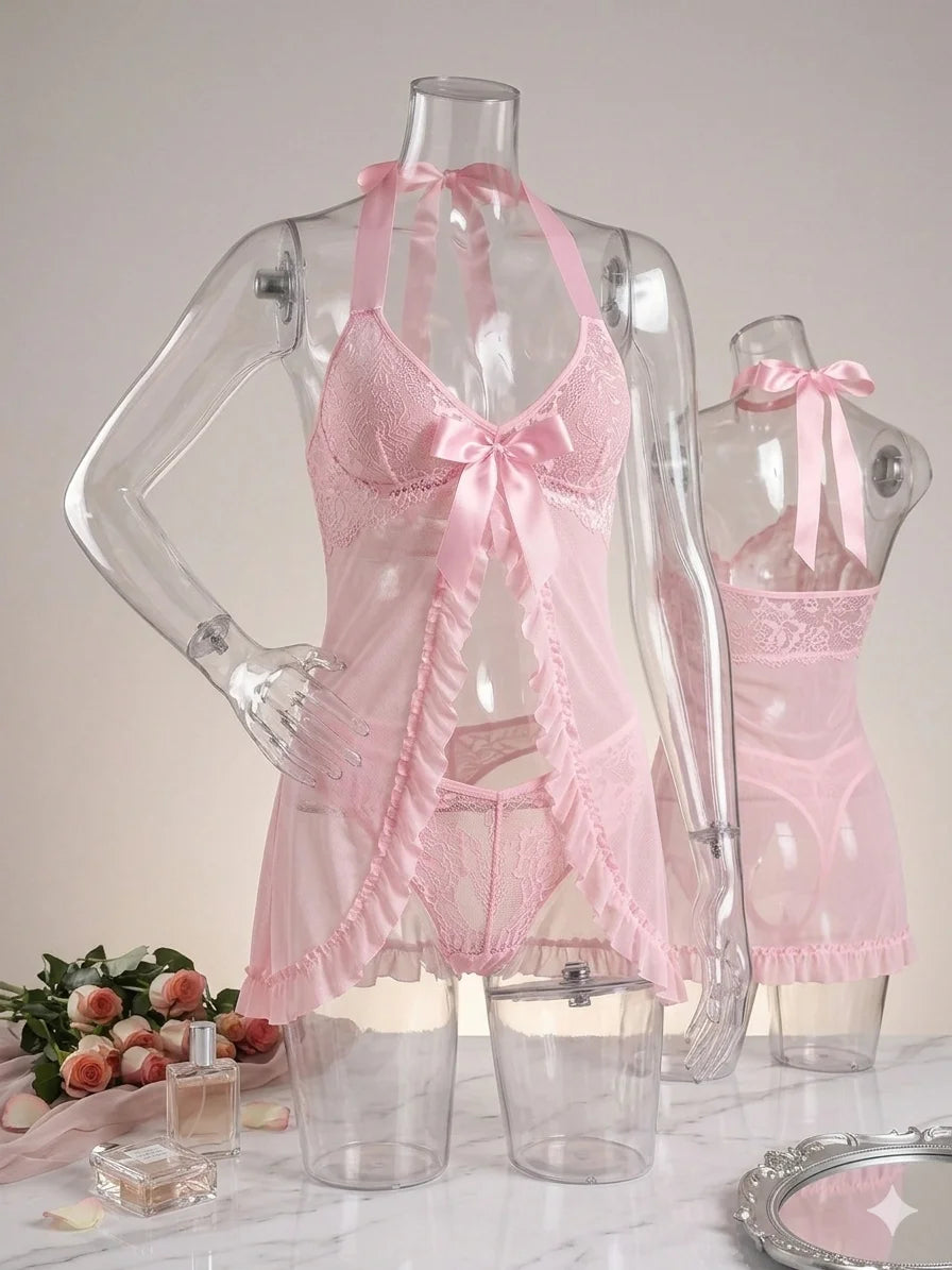 Pink Lace Sexy Lingerie Set Women Sweet Mesh Babydoll Nightgown Halter Backless Exotic Nightwear Bow Ruffles Bridal Sleepwear