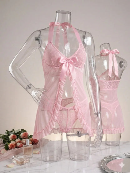 Pink Lace Sexy Lingerie Set Women Sweet Mesh Babydoll Nightgown Halter Backless Exotic Nightwear Bow Ruffles Bridal Sleepwear