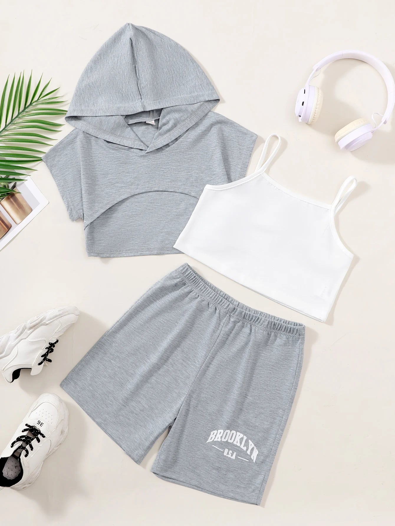 Girls Casual Hoodie + Tank Top And Shorts Three-Piece Set Summer Children's Fashion Comfortable Versatile Outfit for Leisure