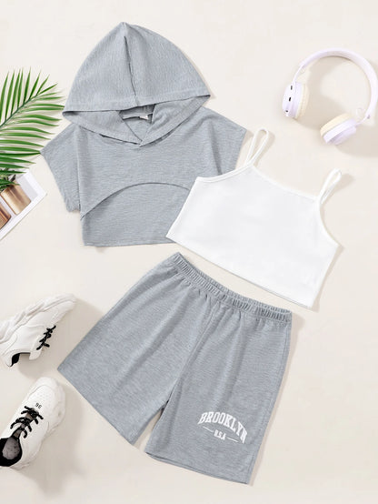 Girls Casual Hoodie + Tank Top And Shorts Three-Piece Set Summer Children's Fashion Comfortable Versatile Outfit for Leisure