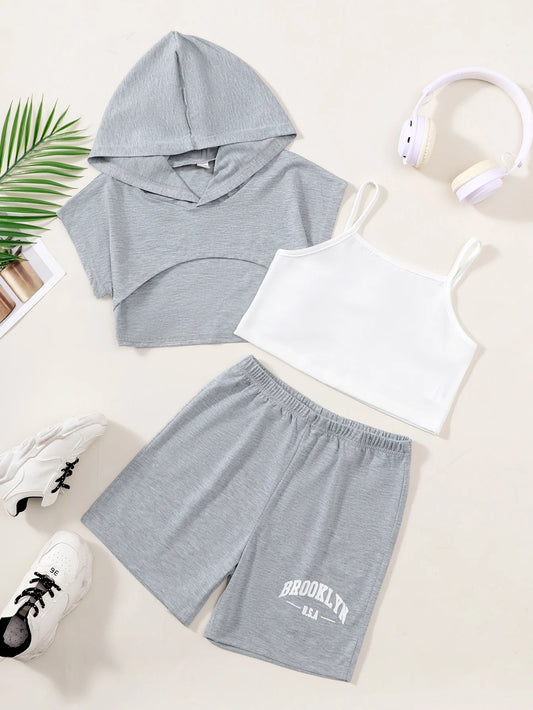 Girls Casual Hoodie + Tank Top And Shorts Three-Piece Set Summer Children's Fashion Comfortable Versatile Outfit for Leisure